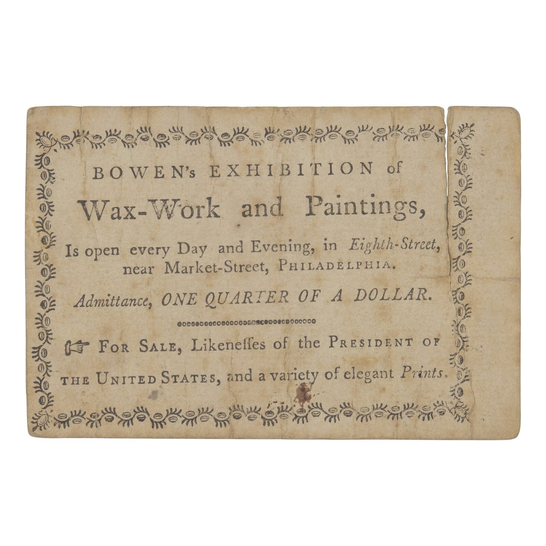 [Early American Museum] A Very Early Philadelphia Museum Trade Card for Bowen's Exhibition of (1 of 1)