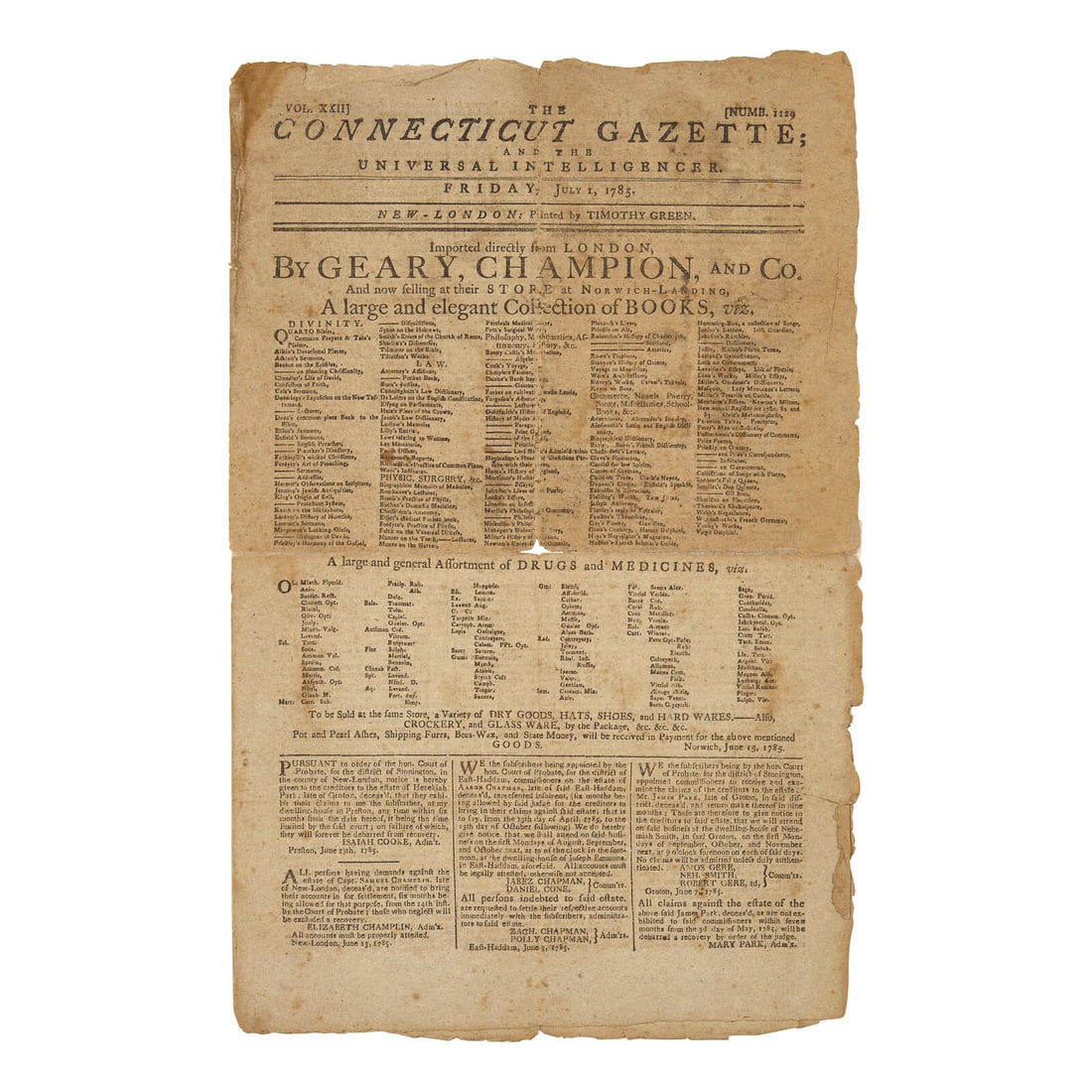 [Early American Trades] A Full Front-Page Ad by an 18th-century American Bookseller for a "Large and: [Early American Trades] A Full Front-Page Ad by an 18th-century American Bookseller for a "Large and Elegant Collection of Books" The Connecticut Gazette; and the Universal Intelligencer New-London: P