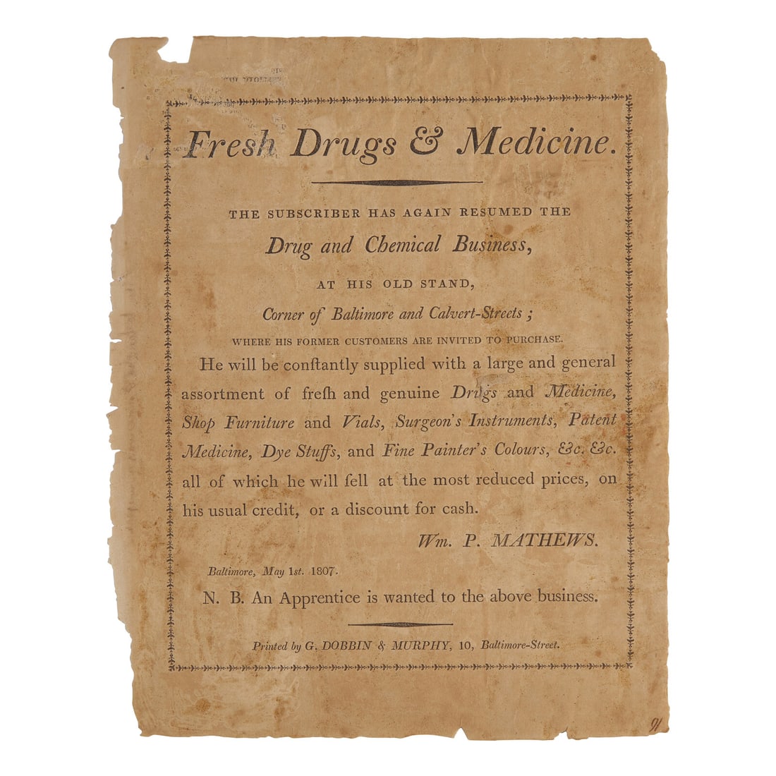 [Early American Trades] Rare Early Baltimore Druggist's Broadside (1 of 1)