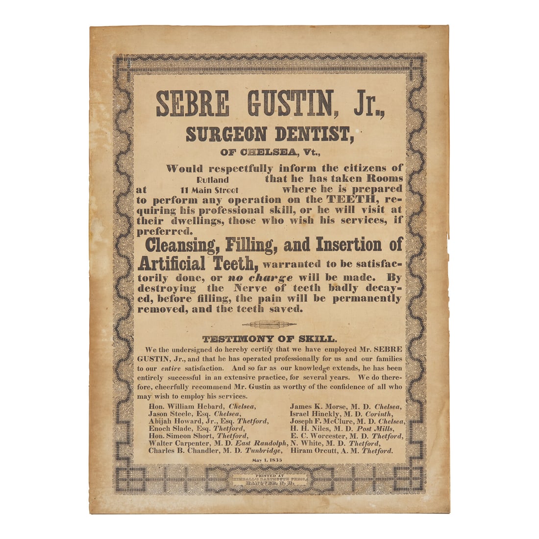 [Early American Trades] Early Printed Broadside for a Vermont Dentist (1 of 1)