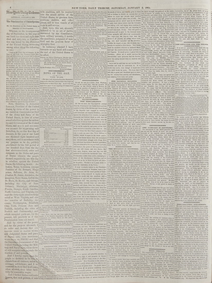 [Emancipation Proclamation] The Emancipation Proclamation, Printed in Full in the New-York Tribune (1 of 3)