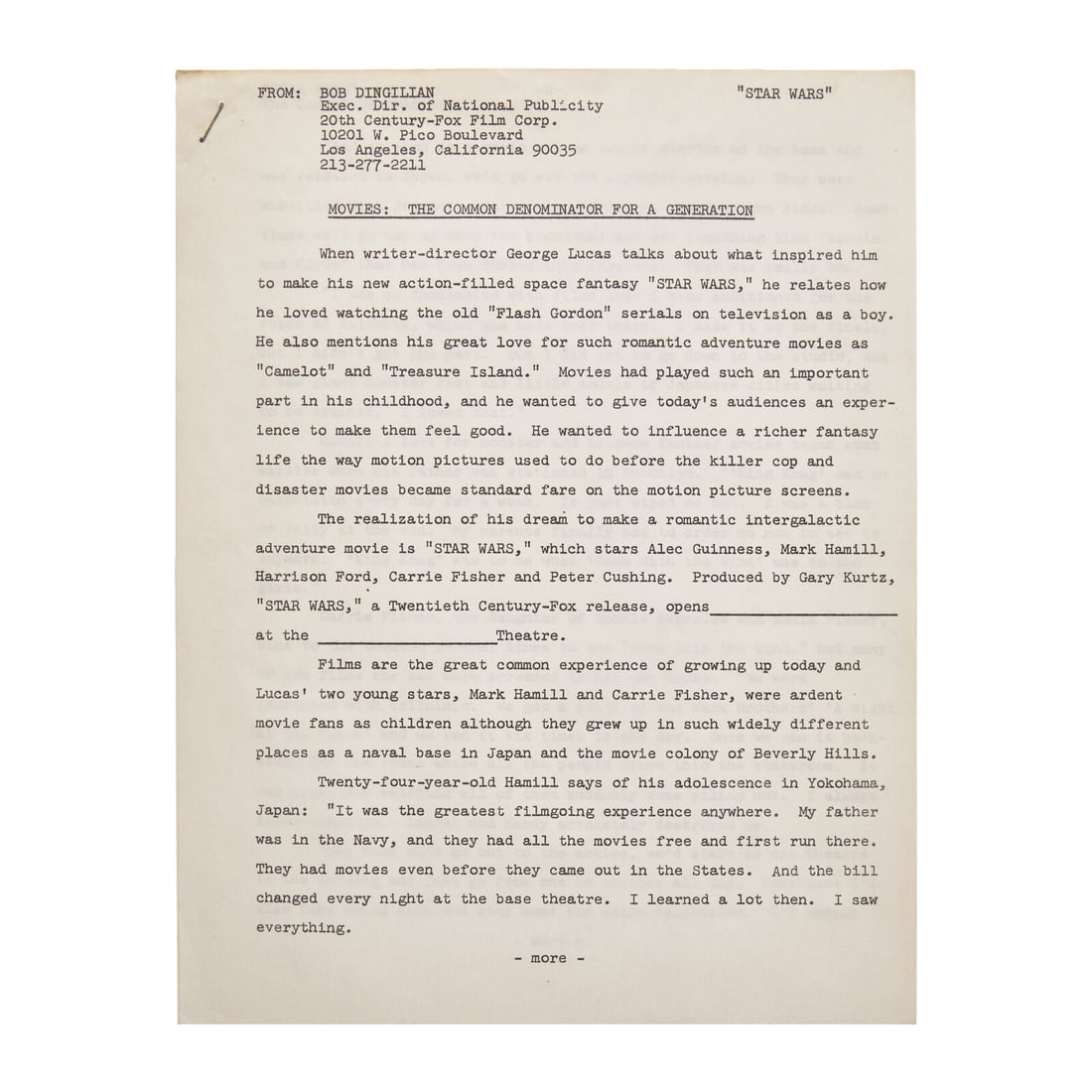 [Film] Dingillian, Bob. Press Release for Star Wars (1 of 1)