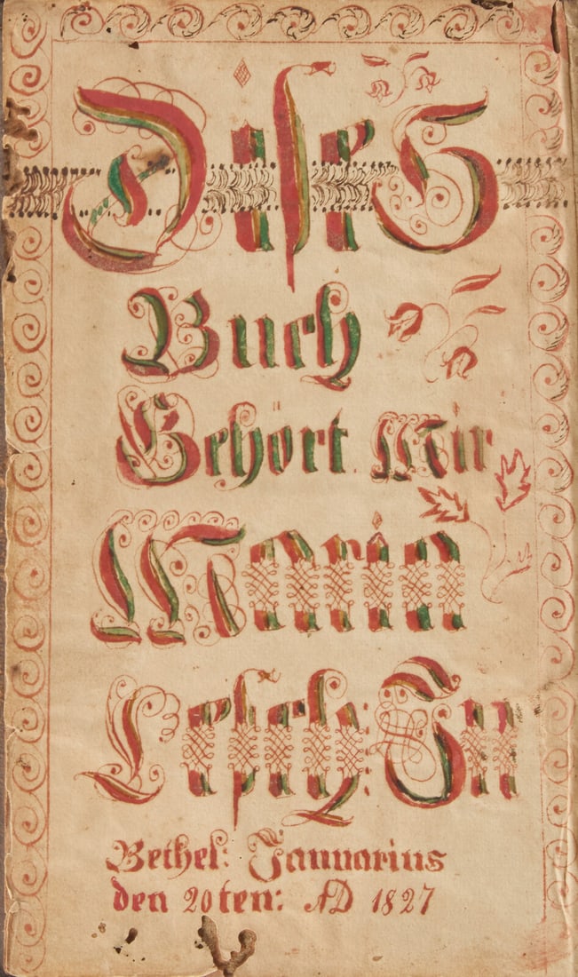 [Fraktur] A Pennsylvania German Fraktur Book-Plate: [Fraktur] A Pennsylvania German Fraktur Book-Plate Bethel, Pennsylvania, January 20, 1827. Manuscript fraktur book-plate, in Die Bibel, oder die ganze heilige schrift des alten und neuen testaments...