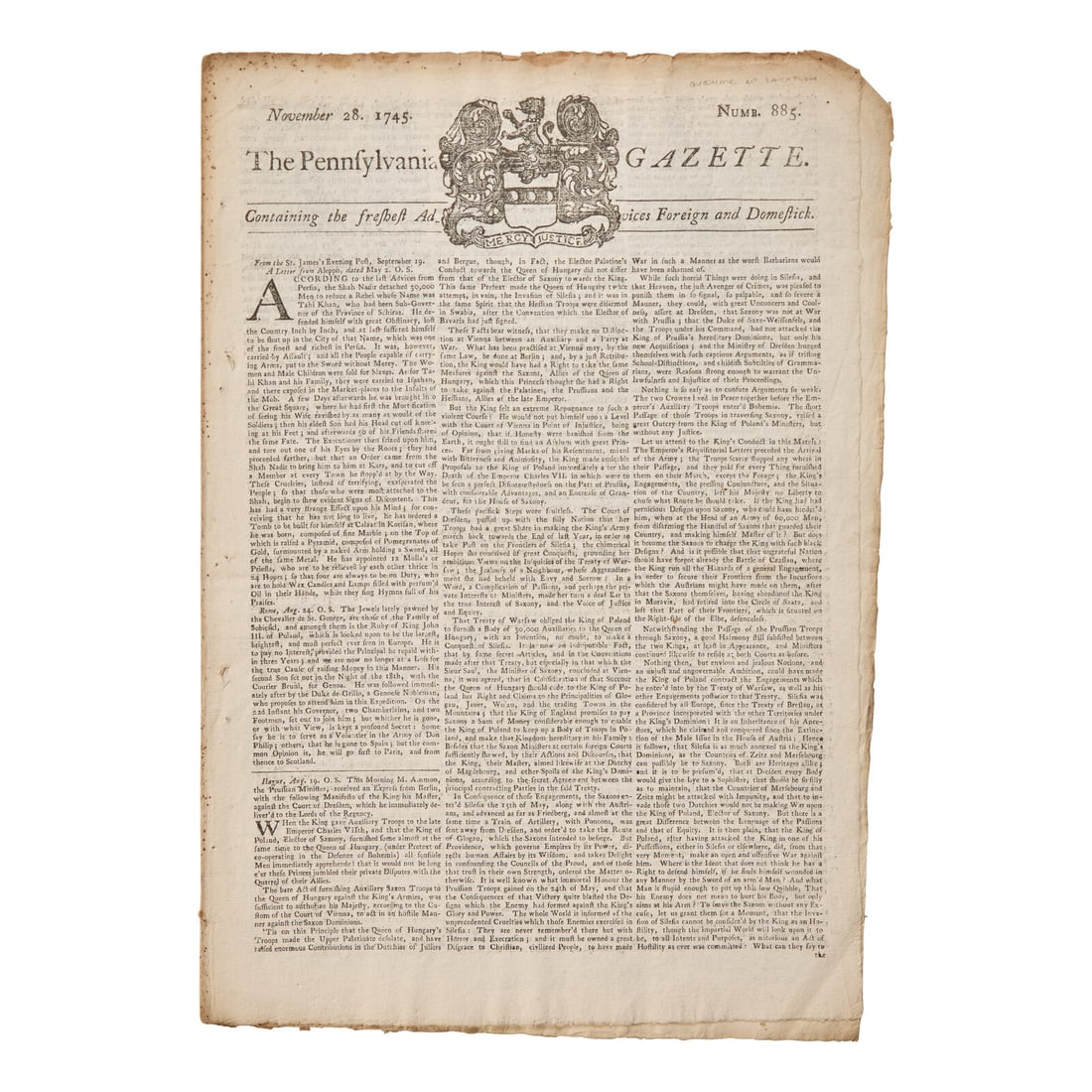 [Franklin, Benjamin] Scarce Issue of The Pennsylvania Gazette for November 28, 1745, With the (1 of 2)