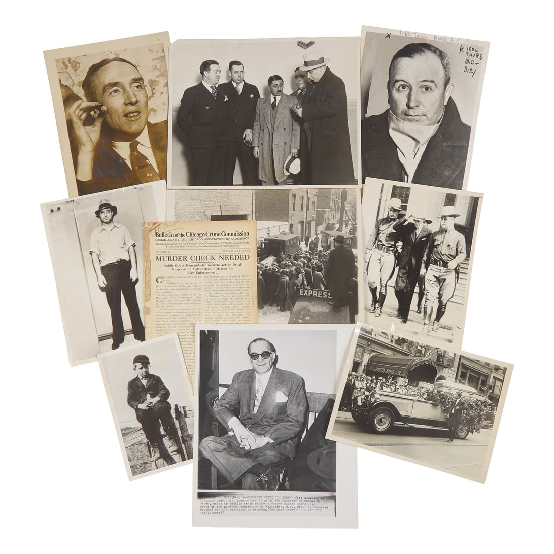 [Gangsters] Group of 9 Press Photos of American Gangsters and Criminals: [Gangsters] Group of 9 Press Photos of American Gangsters and Criminals Locations vary, ca. 1926-60s. Group of nine press photos of American gangsters and criminals, depicting Vito Genovese (leader of