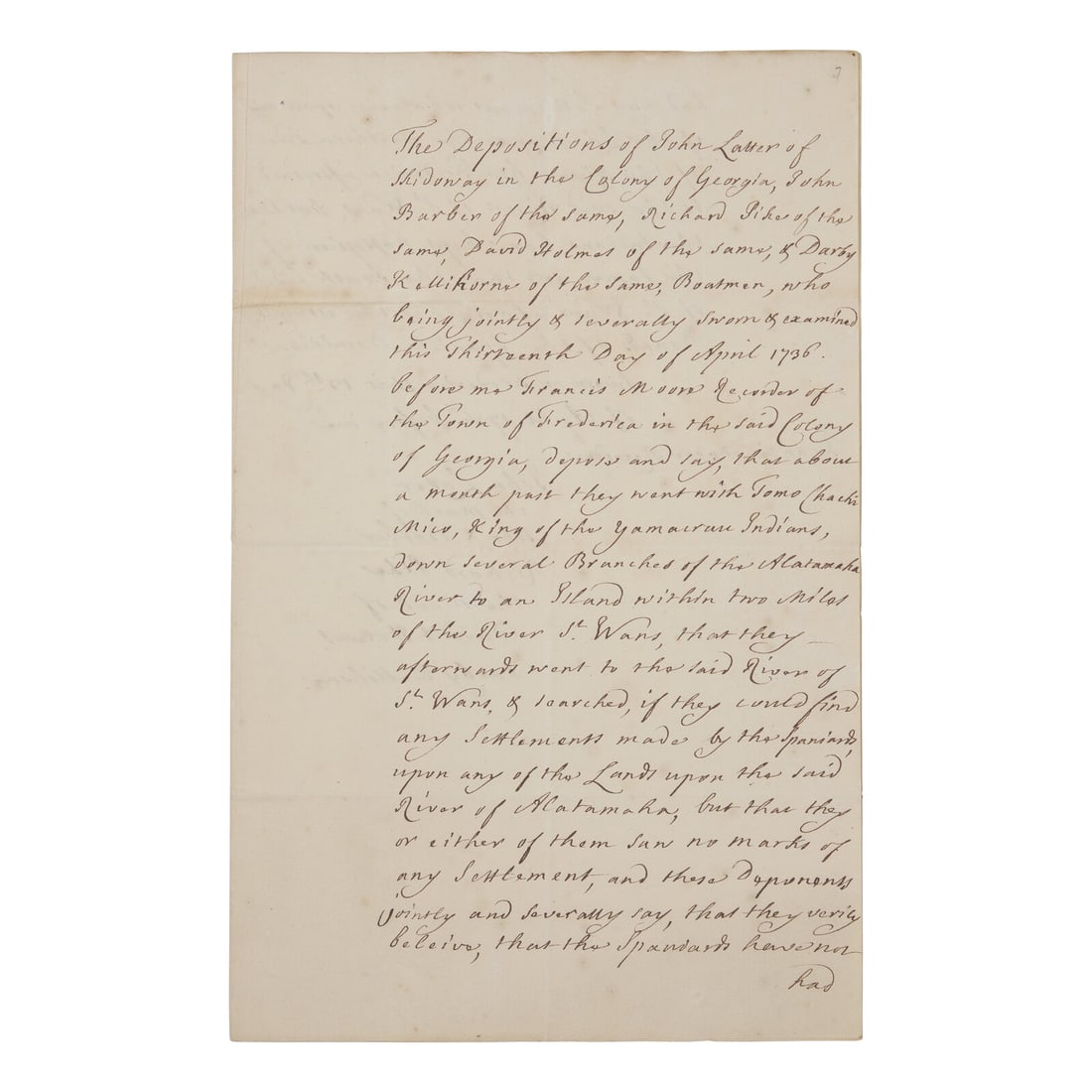 [Georgia] [Moore, Francis] Manuscript Document by the Secretary of James Oglethorpe, Founder of the (1 of 3)