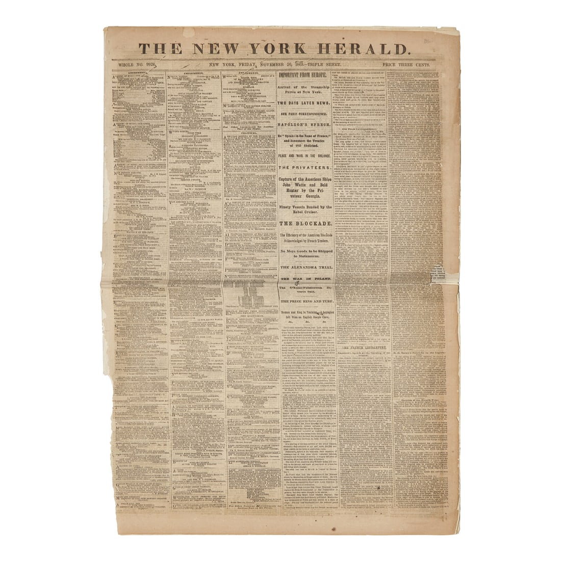 [Gettysburg Address] First Day Printing of the Gettysburg Address in The New York Herald (1 of 4)