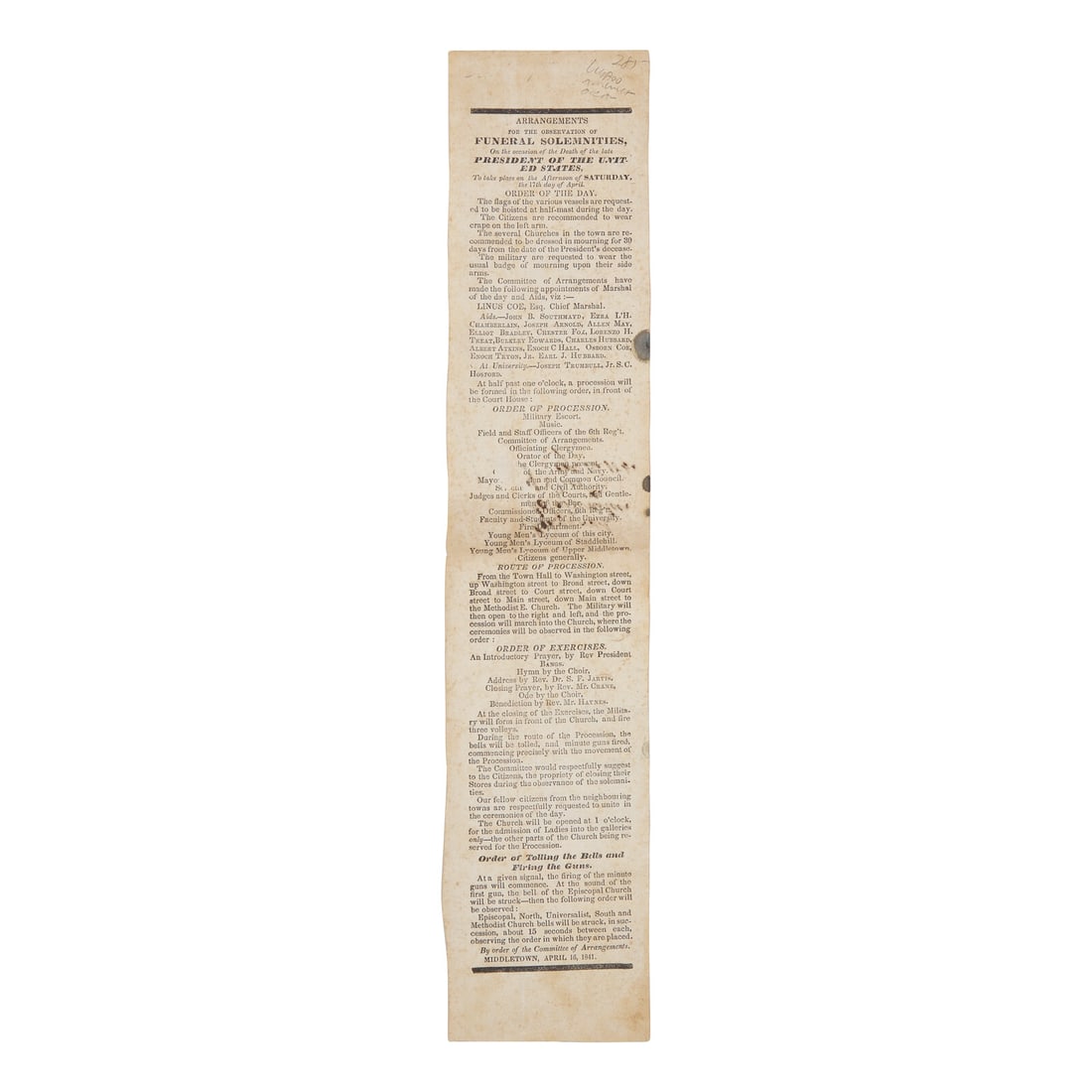 [Harrison, William Henry] Handbill for the Funeral Service for the First President to Die in Office, (1 of 1)