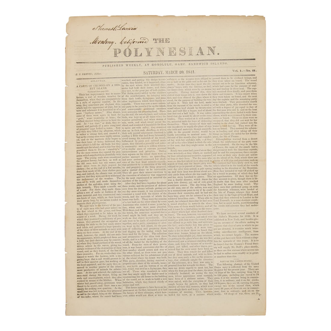 [Hawaii] An Early Hawaiian Newspaper, Sent From Hawaii to California in 1841 (1 of 1)