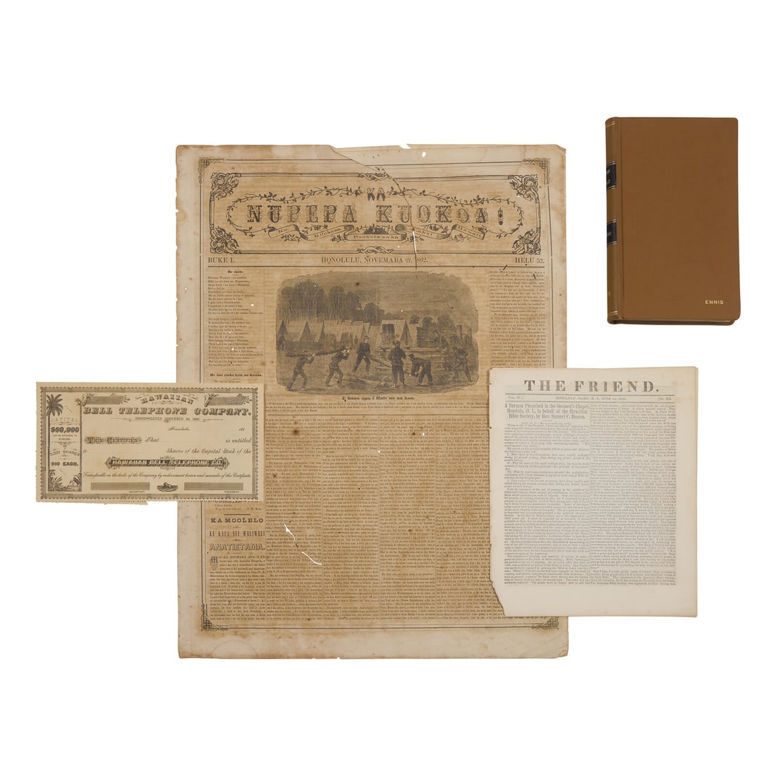 [Hawaii] Group of 4 Early Newspapers and Documents Relating to Hawaii, 1826-80s (1 of 2)