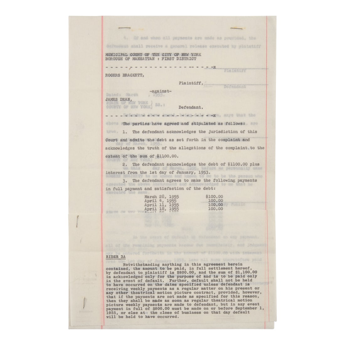 [Hollywood] (Dean, James). Unsigned Carbon Copy of a Legal Agreement (1 of 2)