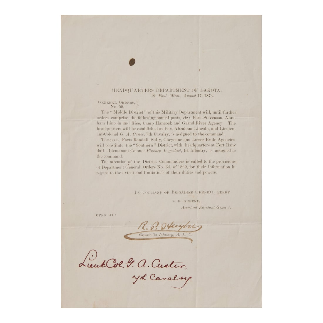 [Indian Wars] [Custer, George A.] Custer's Own Copy of Territorial General Orders, Two Years Before (1 of 1)