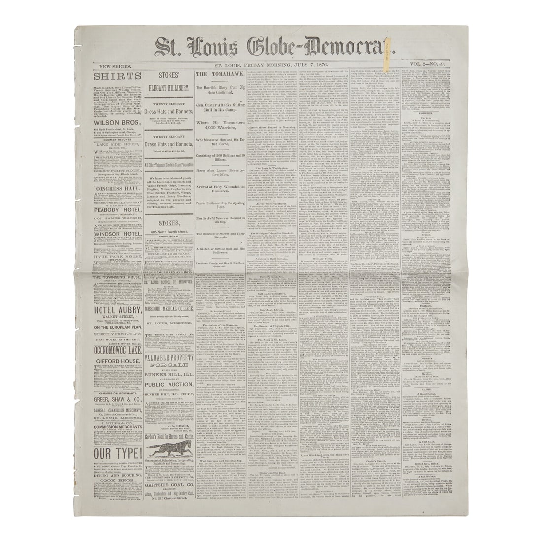 [Indian Wars] [Custer, George A.] A Secretary of State's Copy of This St. Louis Newspaper, Reporting: [Indian Wars] [Custer, George A.] A Secretary of State's Copy of This St. Louis Newspaper, Reporting on the Recent Battle of Little Big Horn: "The Horrible Story...Confirmed" St. Louis Globe-Democrat,
