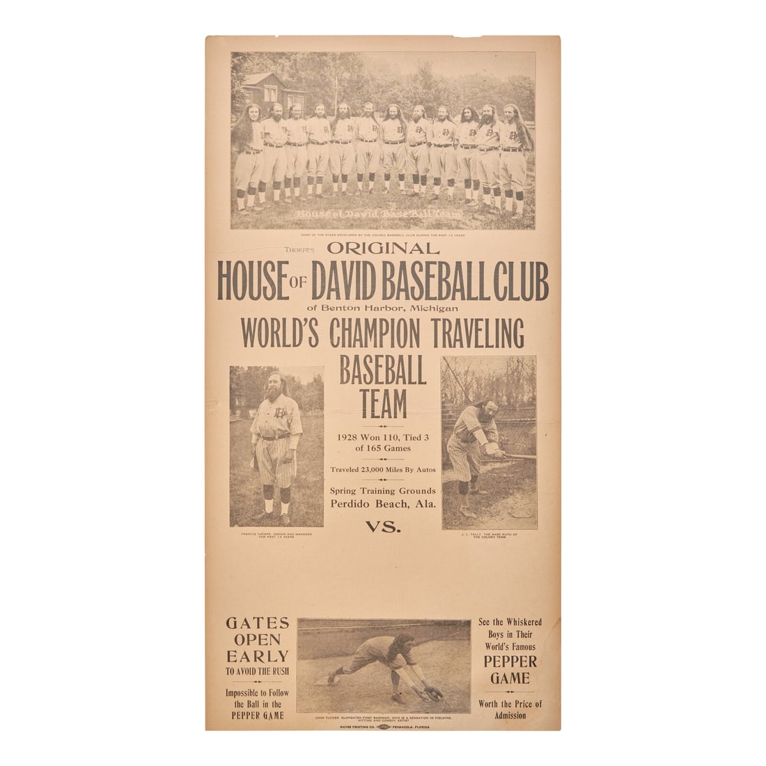[Judaica] Thorpe's Original House of David Baseball Club of Benton Harbor, Michigan World's Champion (1 of 1)