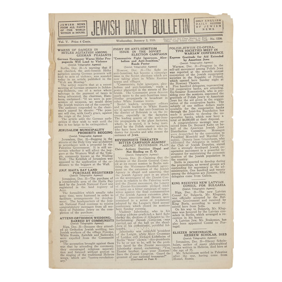 [Judaica] Early Front-Page report Warning Against Adolf Hitler, 1929 (1 of 1)