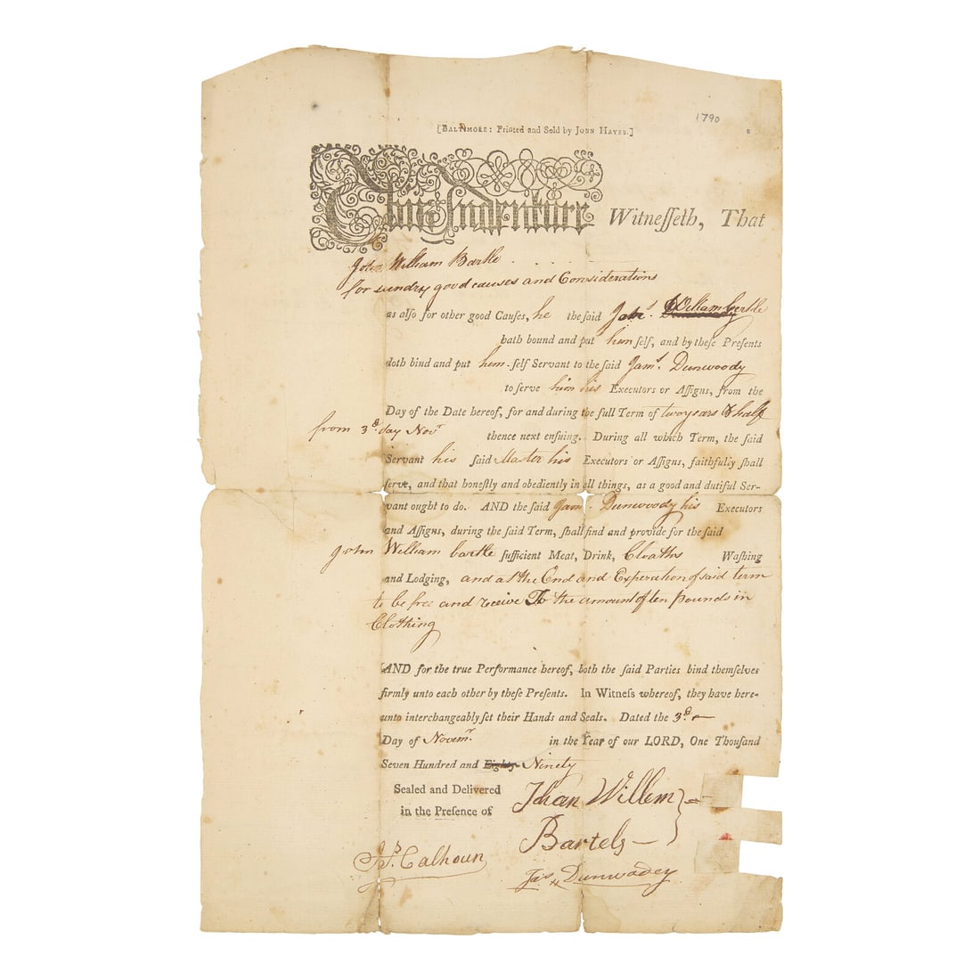 [Labor] Partially-Printed Indentured Servitude Agreement, Baltimore, 1790 (1 of 2)