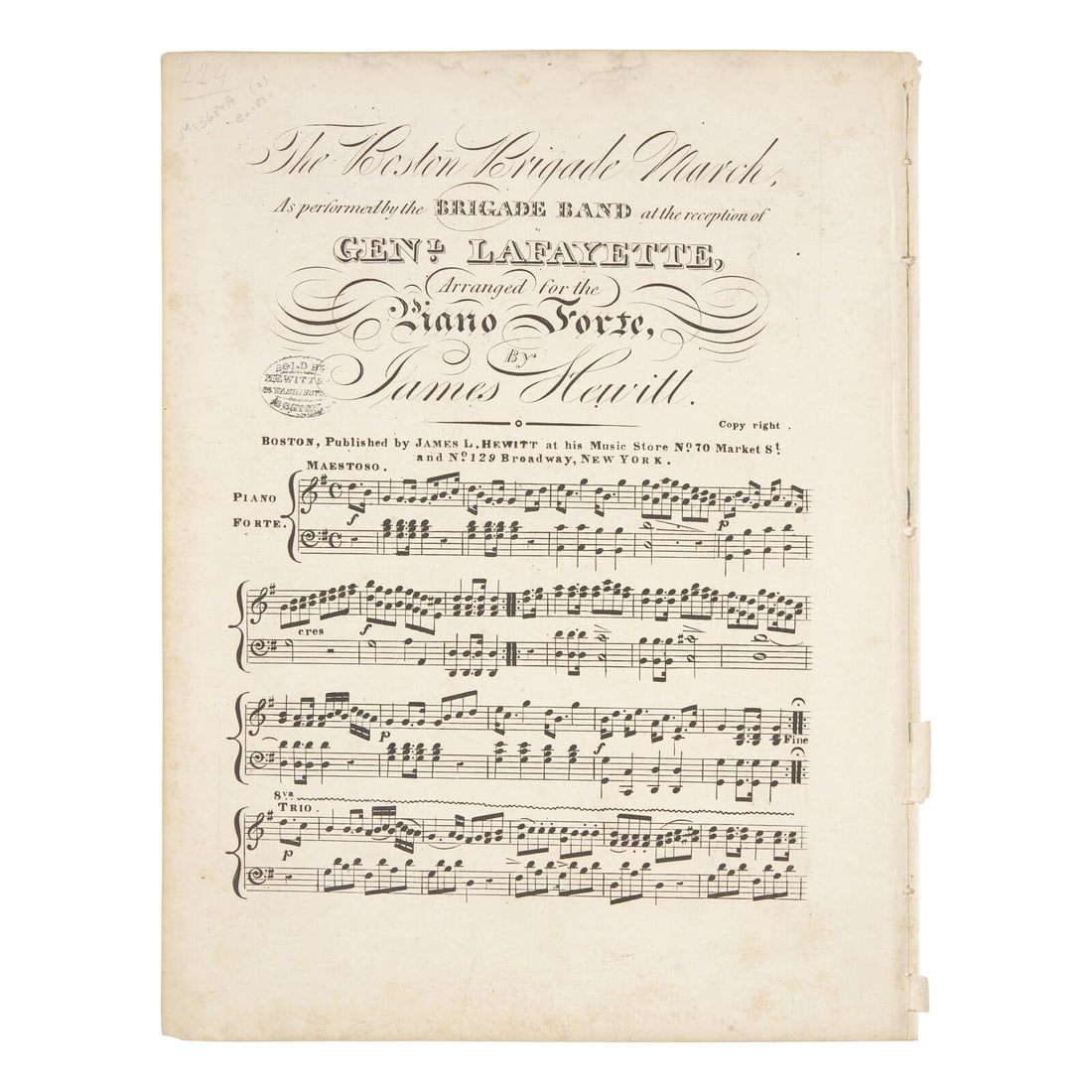 [Lafayette, Marquis de] Sheet Music for The Boston Brigade March, as Performed by the Boston Brigade (1 of 2)