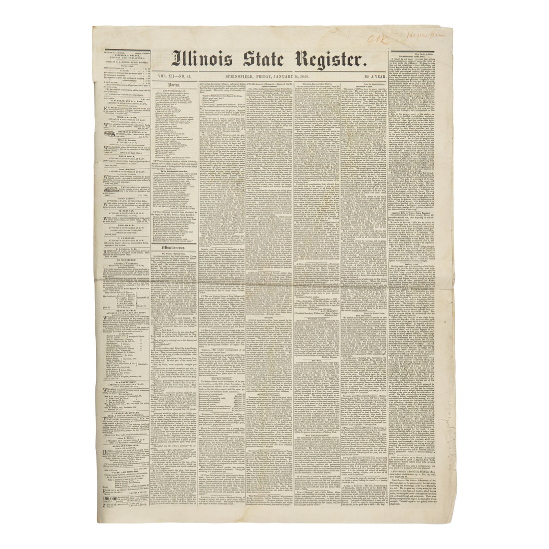 [Lincoln, Abraham] Lincoln's Famed "Spot Resolutions" in His Local Newspaper: Printing of a Rebuke (1 of 2)
