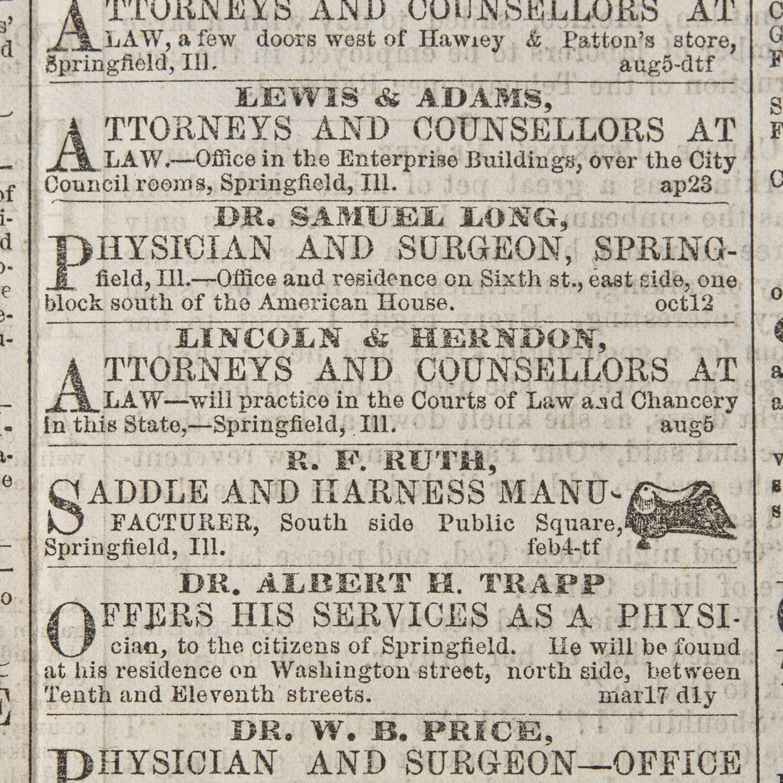 [Lincoln, Abraham] Front-Page Ad for Lincoln & Herndon's Law Practice, July 14, 1858 (1 of 1)