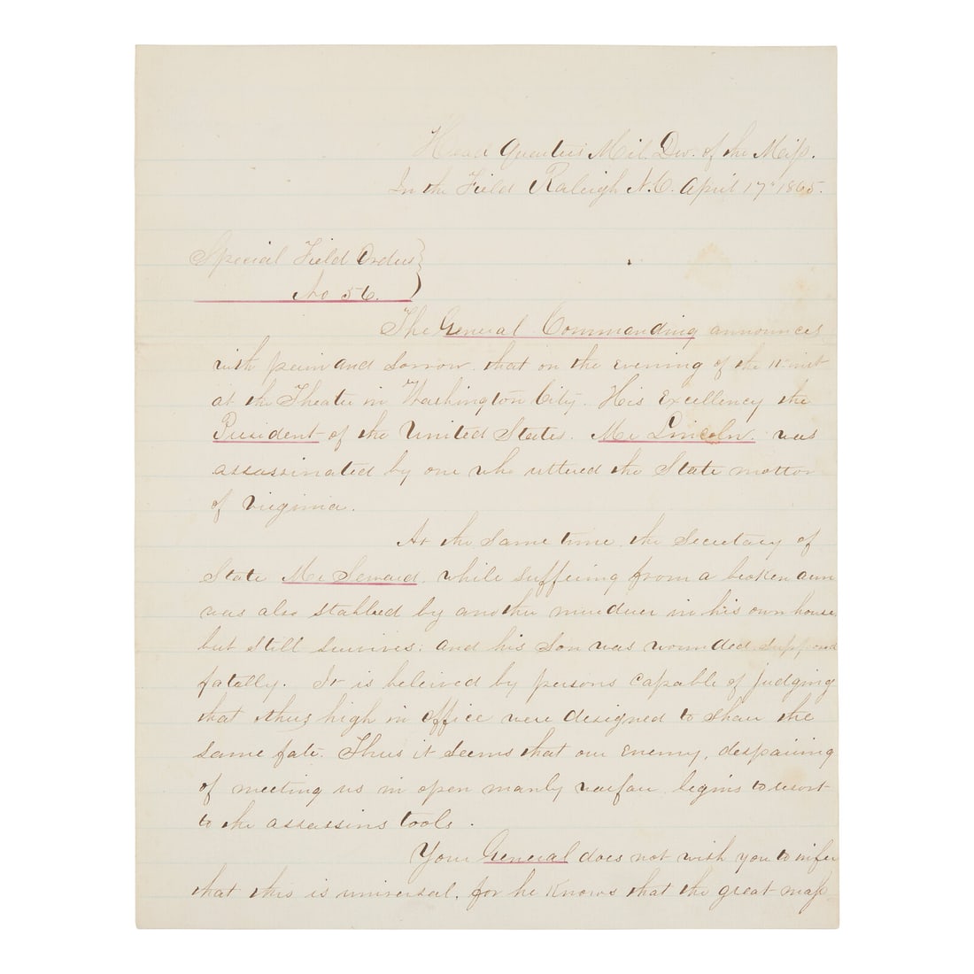 [Lincoln, Abraham] Contemporary Manuscript Copy of Special Field Order No. 56, Announcing the (1 of 2)