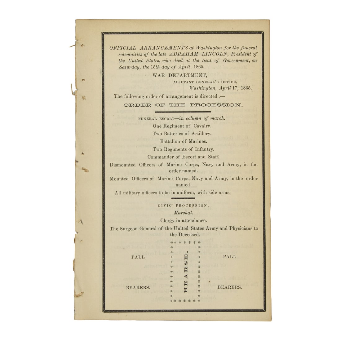 [Lincoln, Abraham] Abraham Lincoln Funeral Program with Order of Procession for Washington, D.C., (1 of 2)