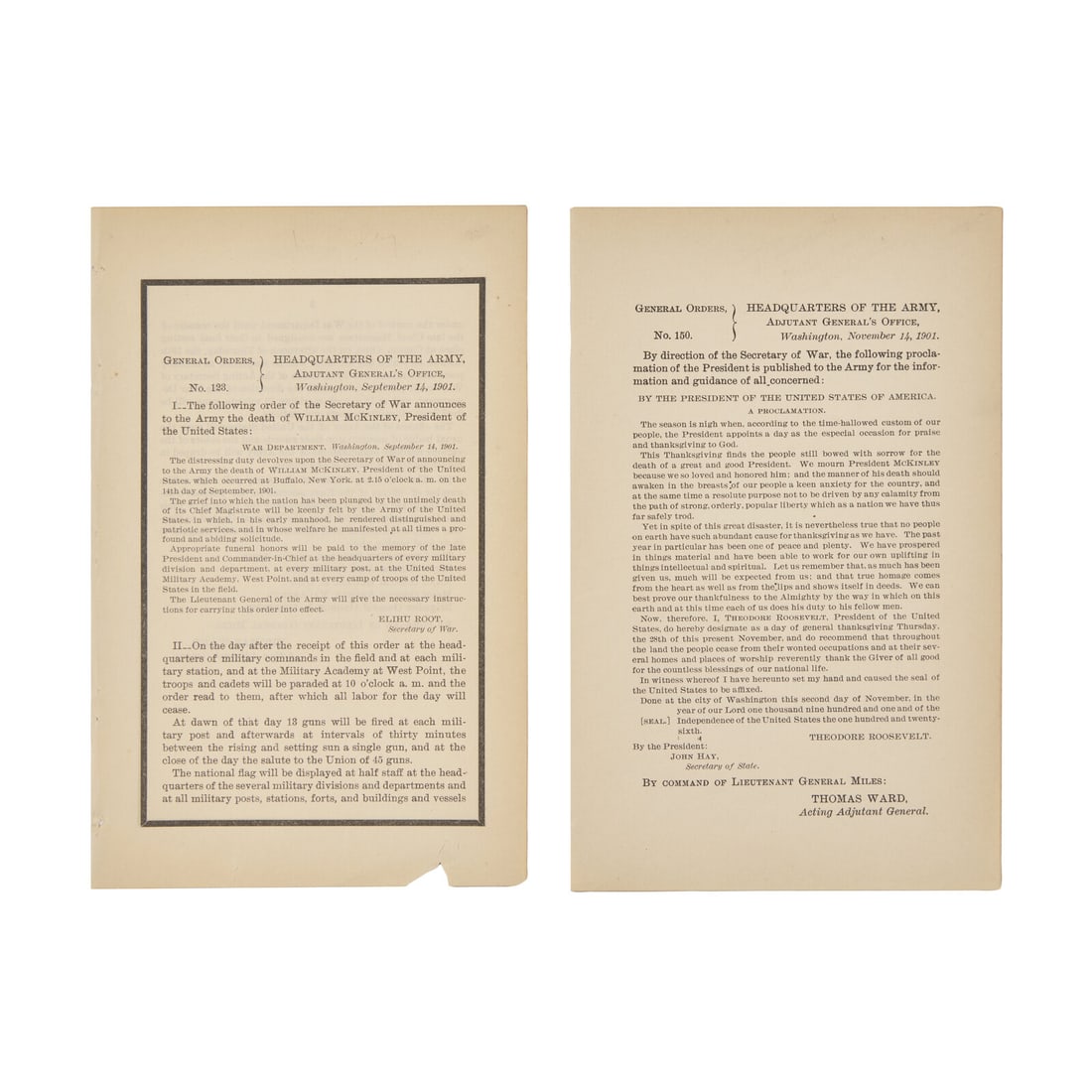 [McKinley, William] Pair of General Orders on the Death of President William McKinley (1 of 2)