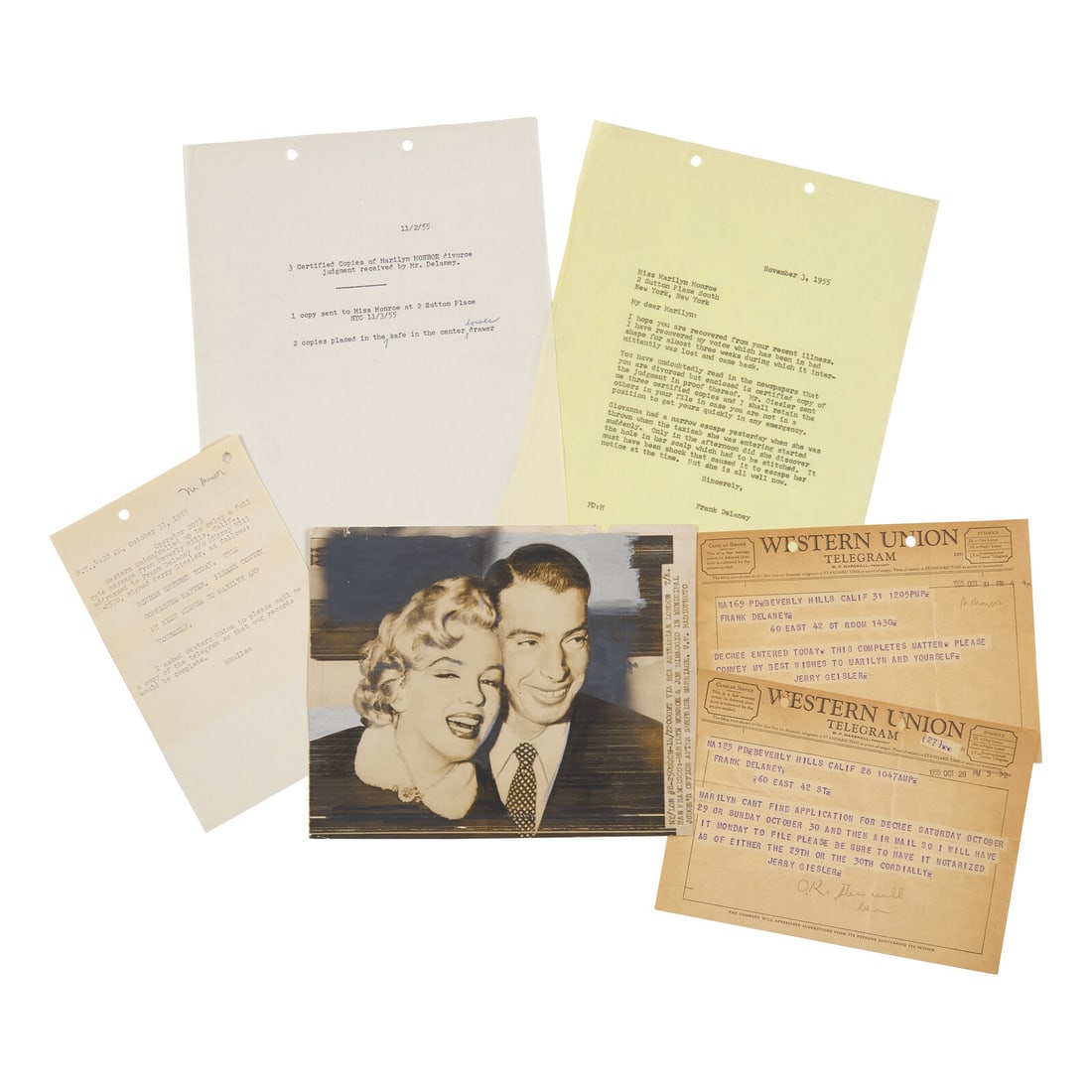 [Monroe, Marilyn] Group of 5 Documents Relating to the Divorce of Marilyn Monroe and Joe DiMaggio (1 of 2)