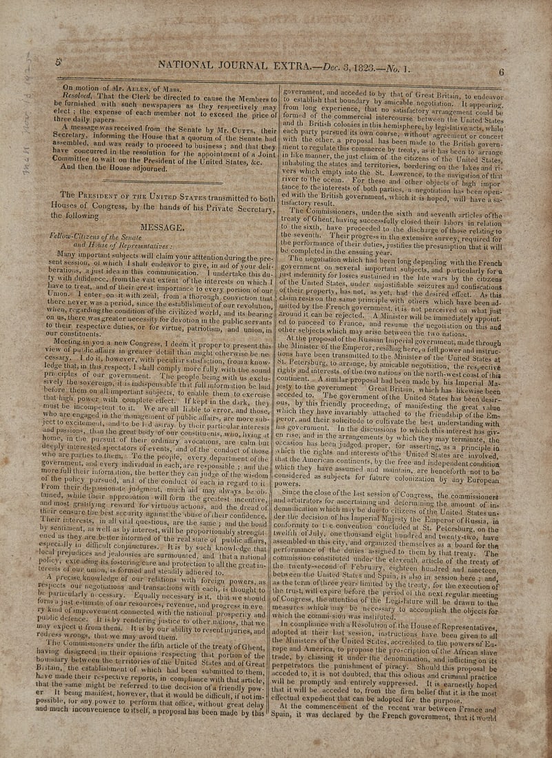 [Monroe Doctrine] One of The Earliest Printings of the Monroe Doctrine (1 of 3)