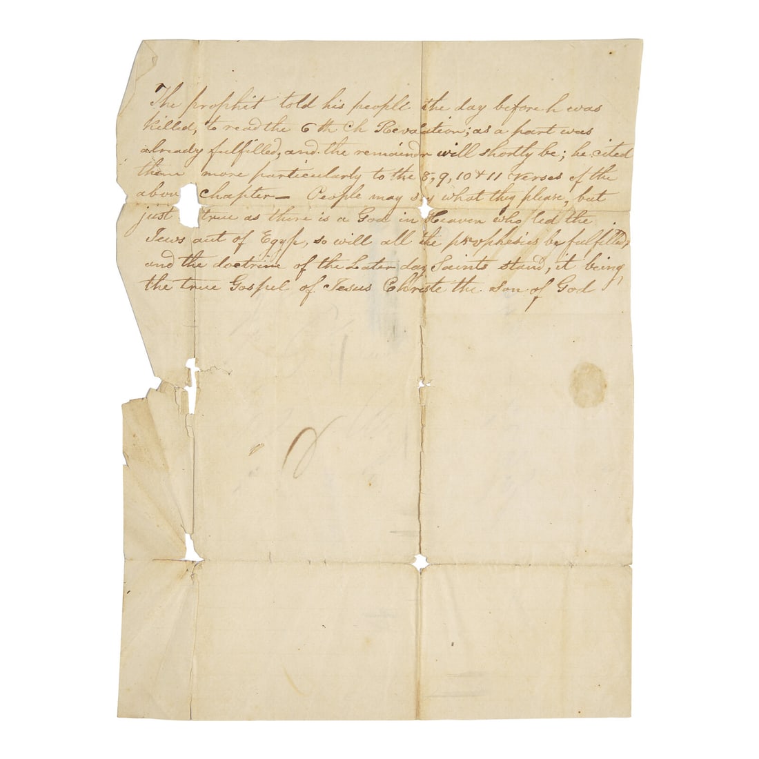 [Mormonism] A Unique Contemporary Manuscript Account of Joseph Smith's Final Words to His Followers, (1 of 4)