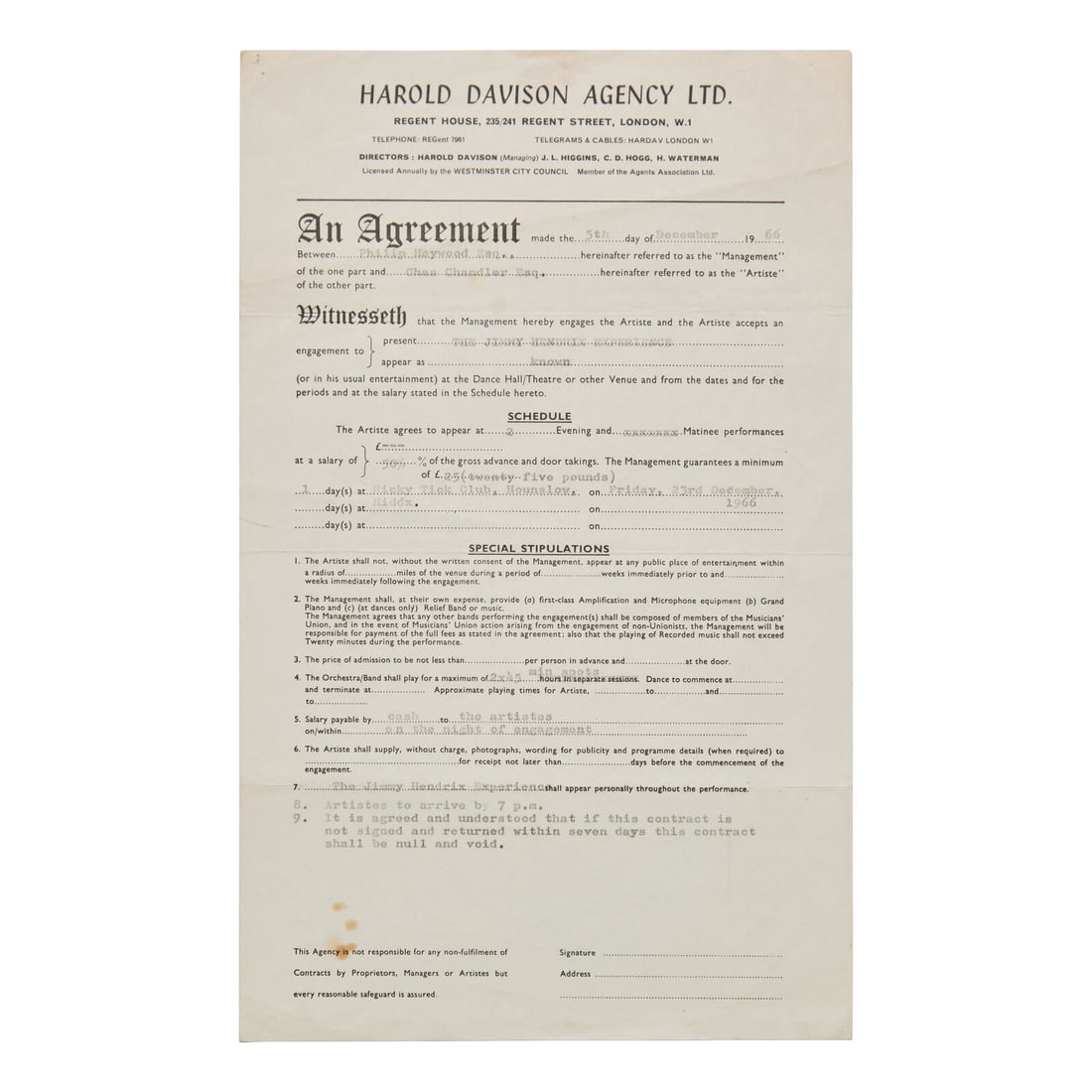 [Music] [Hendrix, Jimi] Early Concert Contract for The Jimi Hendrix Experience (1 of 1)