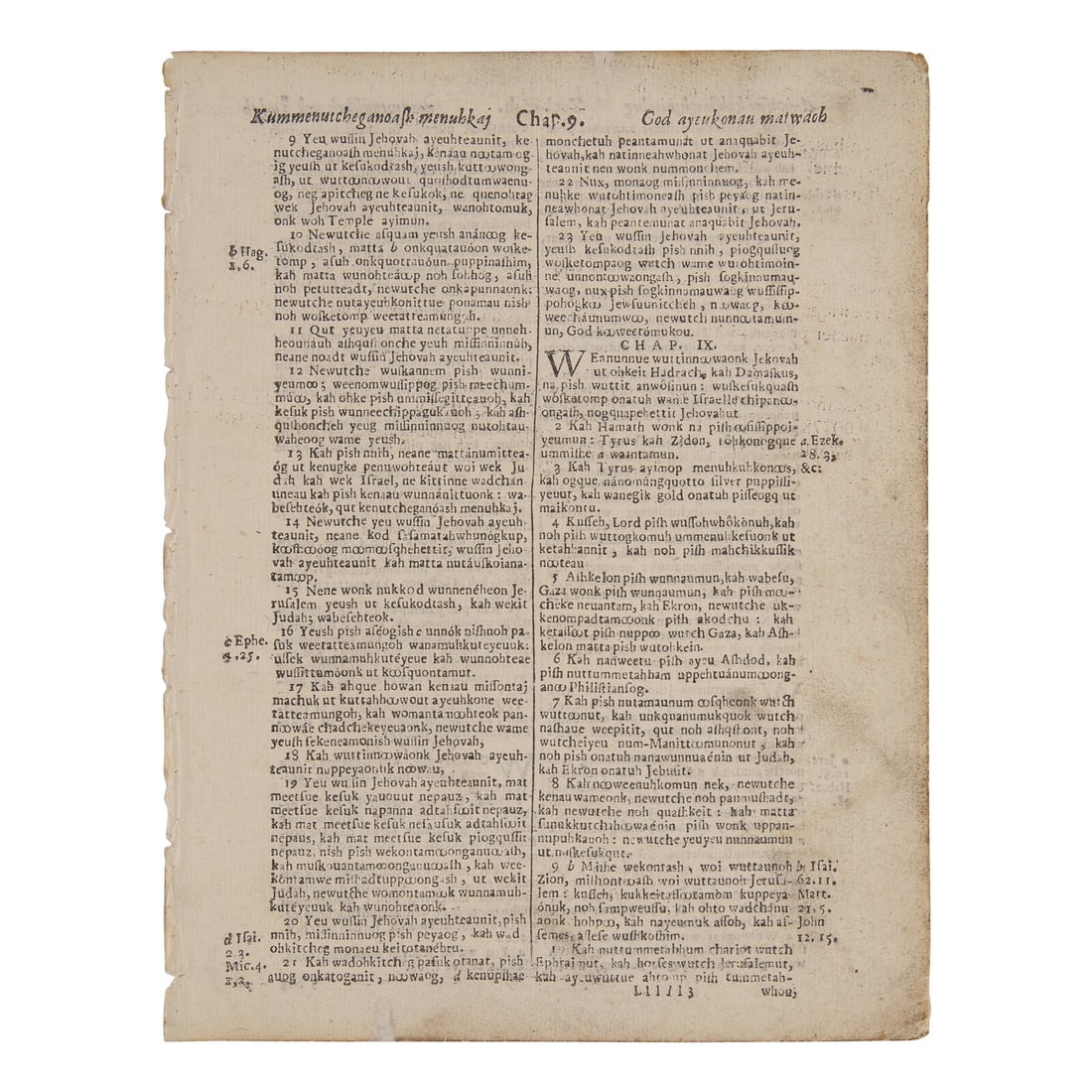 [Native-Americana] [Eliot, John] Leaf From the Eliot Indian Bible, the First Bible Printed in (1 of 2)