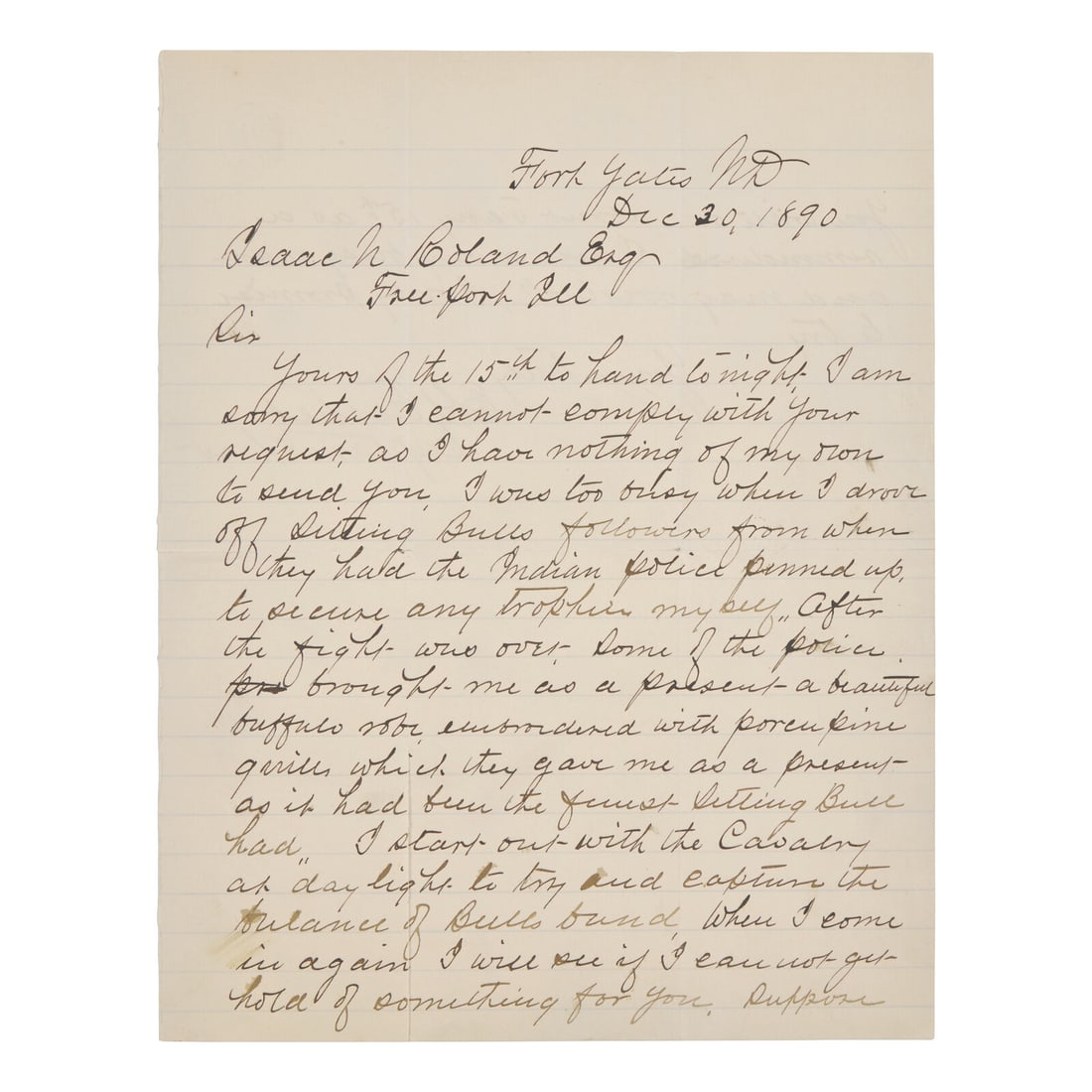 [Native-Americana] [Sitting Bull] Autograph Letter, Signed by Captain Edmond G. Fechet of the 8th (1 of 2)