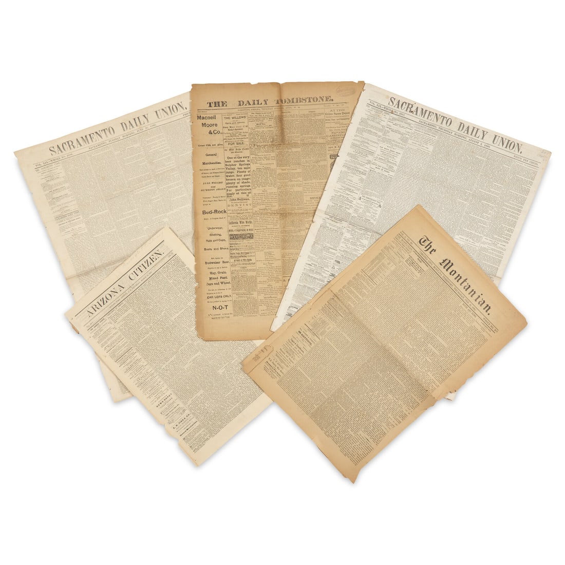 [Old West] Group of 5 Frontier Newspapers Related to the American West, 1860-86 (1 of 1)