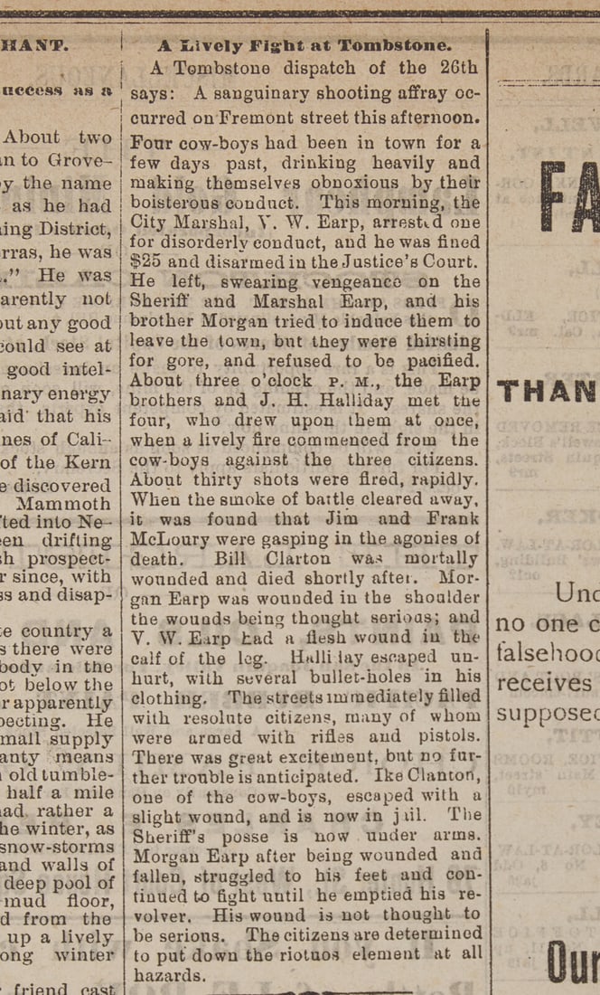 [Old West] [O.K. Corral] "A Lively Fight at Tombstone": California Newspaper Reports the Legendary (1 of 2)