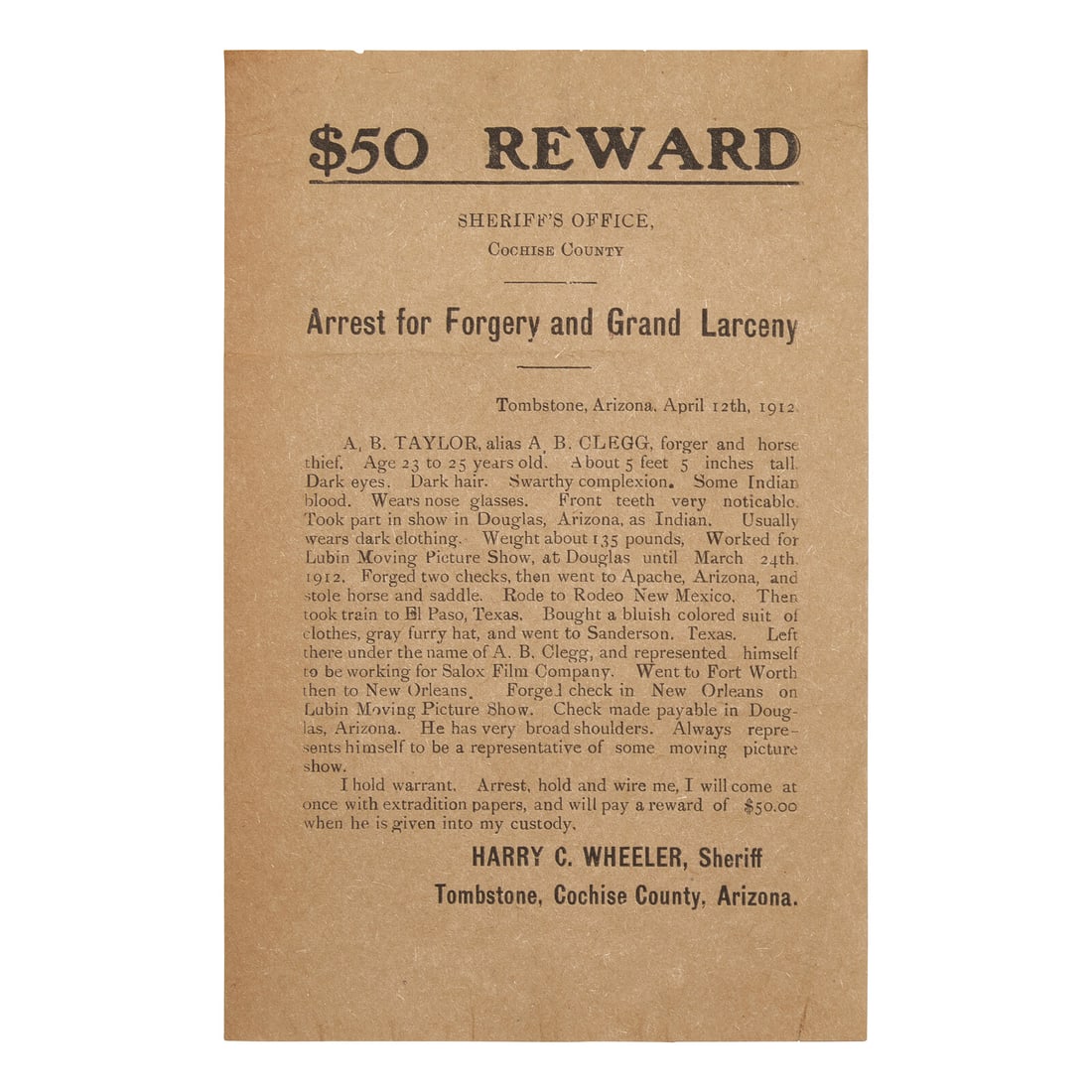[Old West] Tombstone, Arizona $50 Reward Poster for the Arrest of A.B. Taylor, Alias A.B. Clegg, for (1 of 1)