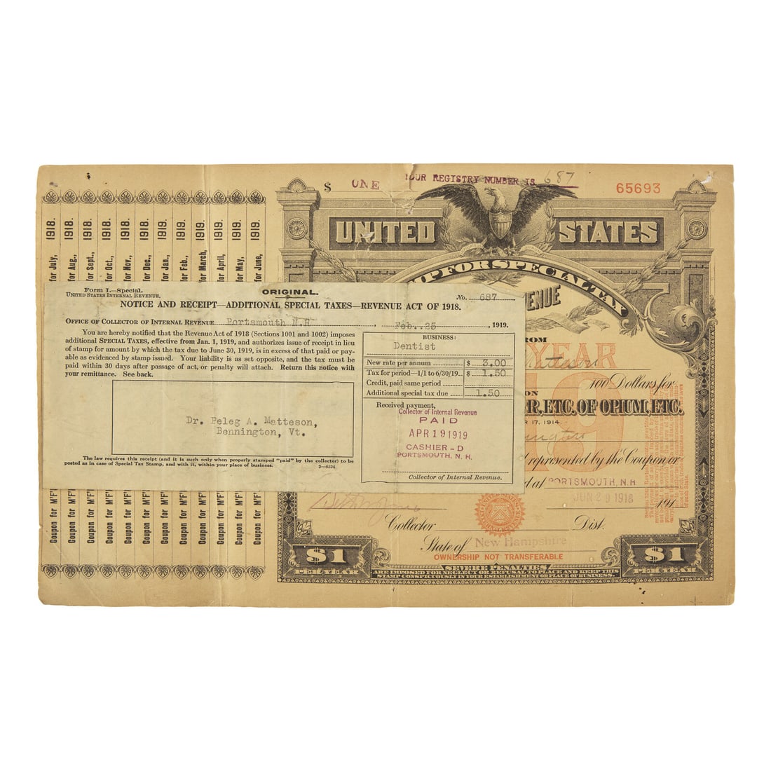 [Opium] Fine Engraved IRS Special Tax Document for the Sale of Opium, ca. 1918-1919 (1 of 1)