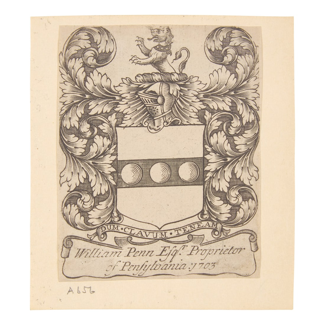 [Penn, William] Engraved Armorial Book-Plate of William Penn, Proprietor of Pennsylvania, ca. 1703 (1 of 1)