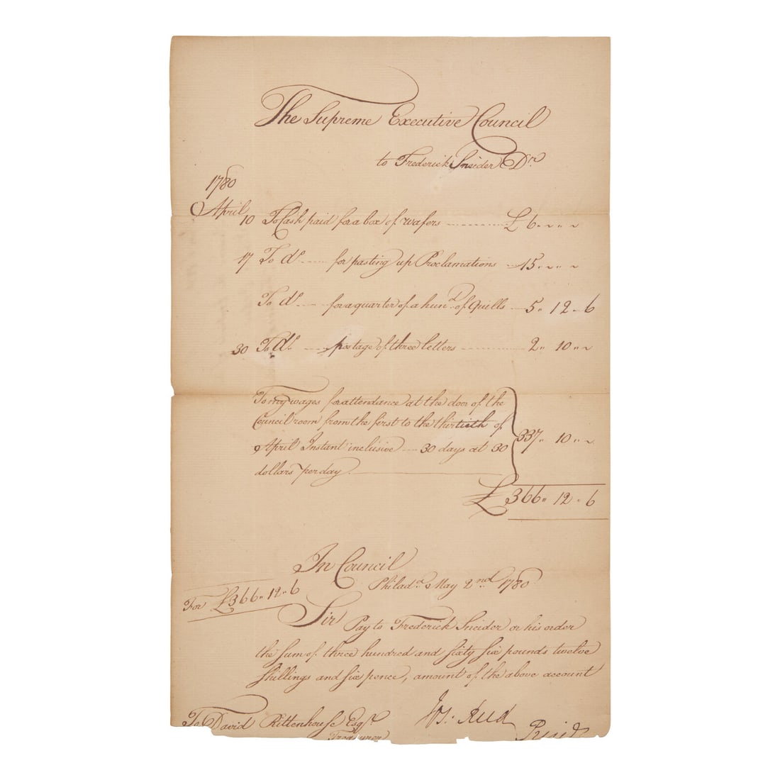 [Philadelphia Independence Hall] Pay Order for the Doorkeeper of Independence Hall in the Heat of (1 of 1)