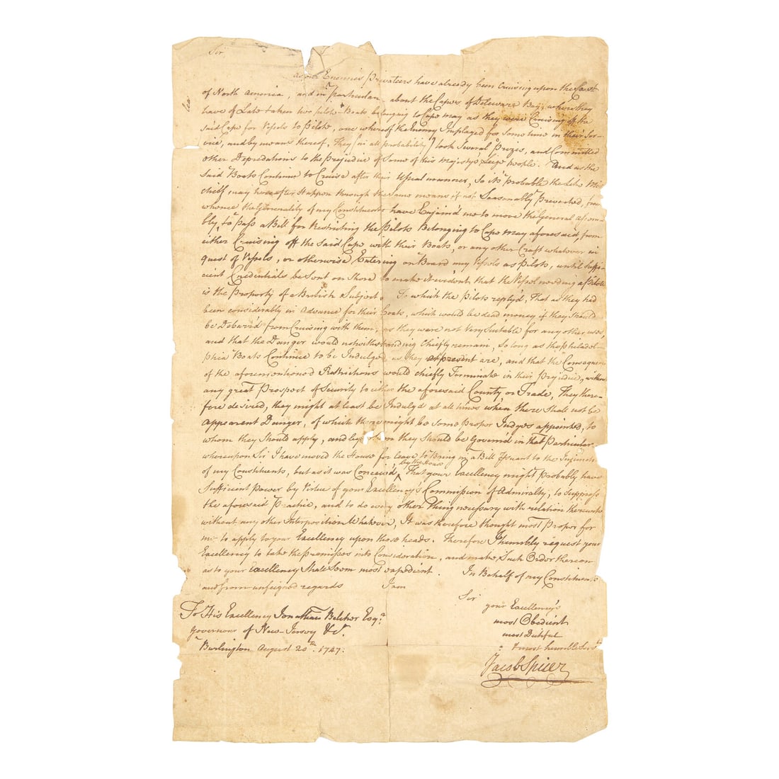 [Piracy] Autograph Letter, Signed by a Representative of Cape May County to New Jersey Governor (1 of 1)
