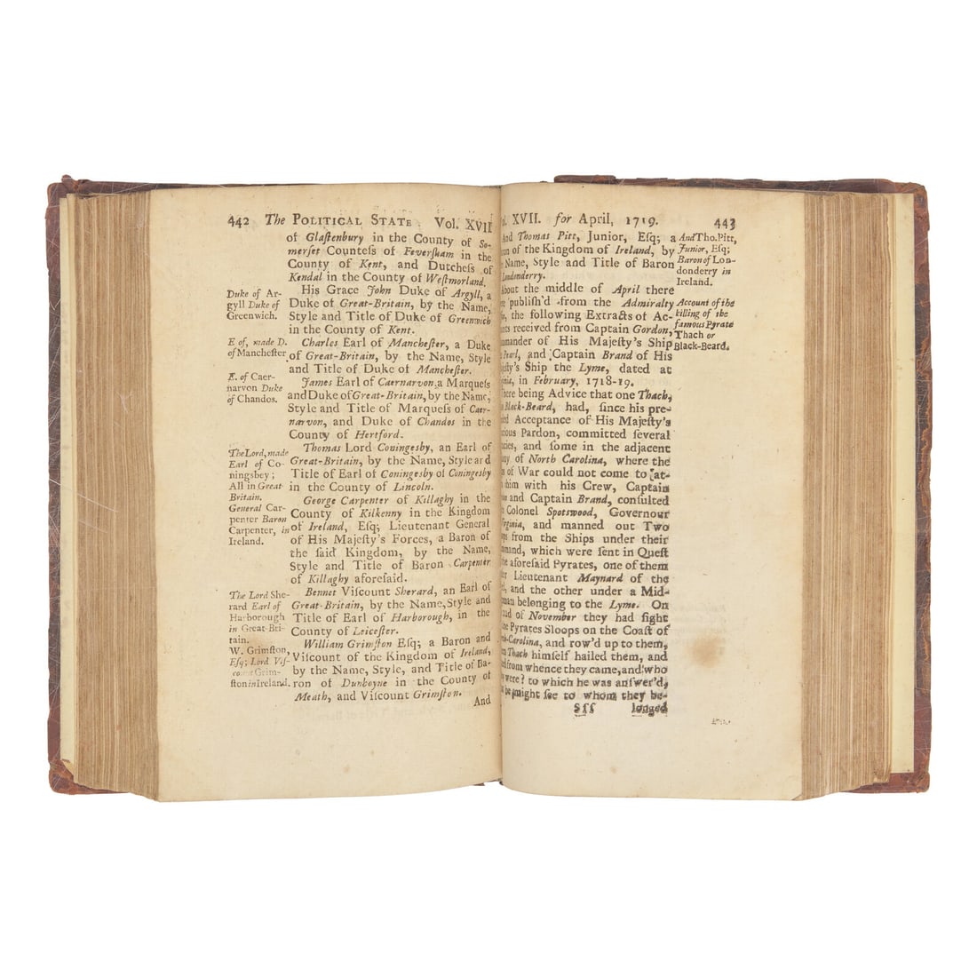 [Piracy] Scarce Contemporary Account of the Death of Infamous Pirate Blackbeard, 1719: [Piracy] Scarce Contemporary Account of the Death of Infamous Pirate Blackbeard, 1719 The Political State of Great-Britain London: Printed for the Author, and Sold by Tho. Warner, and A. Rocayrol, 171