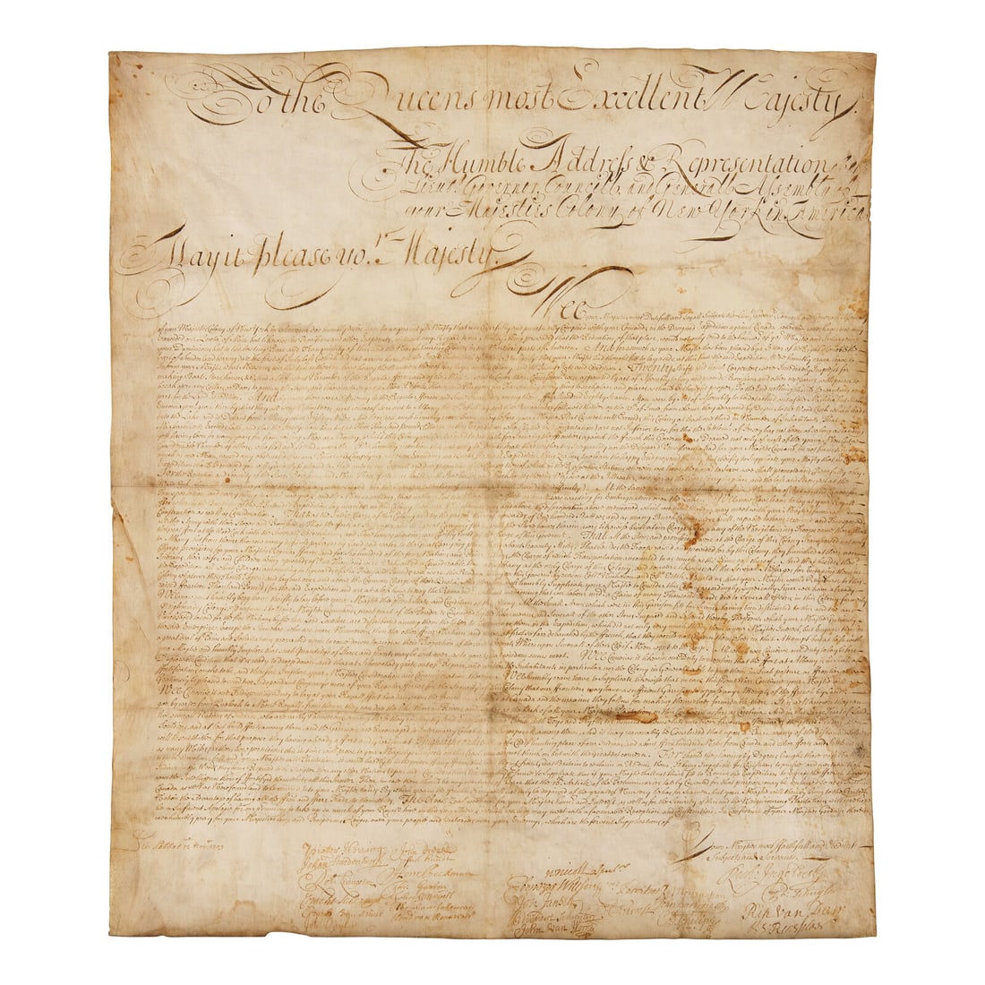 [Queen Anne's War] Extraordinarily Large Manuscript Petition Signed by a Who's Who of Colonial New (1 of 1)