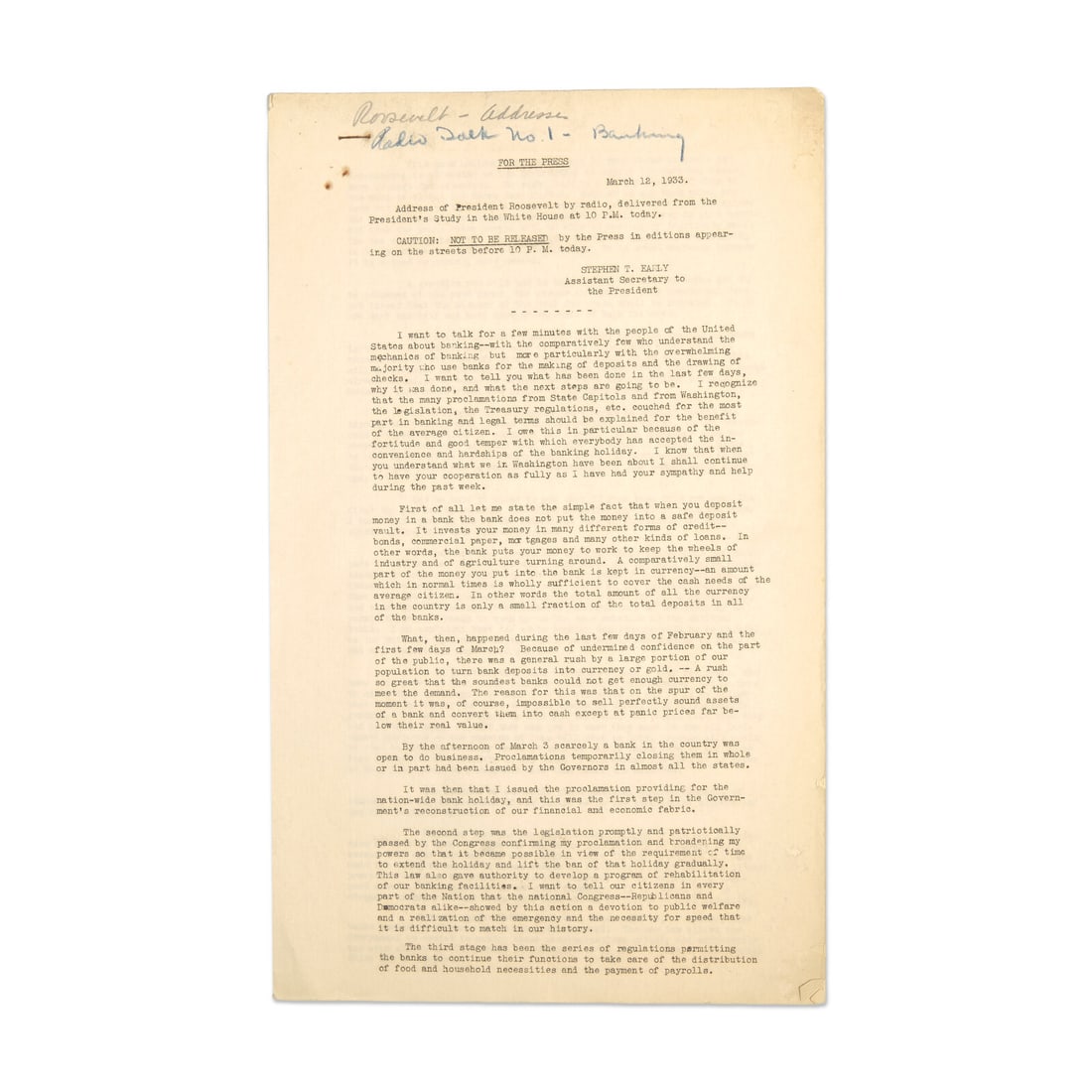 [Roosevelt, Franklin D.] Mimeographed Typescript Press Copy of the First Fireside Chat (1 of 3)