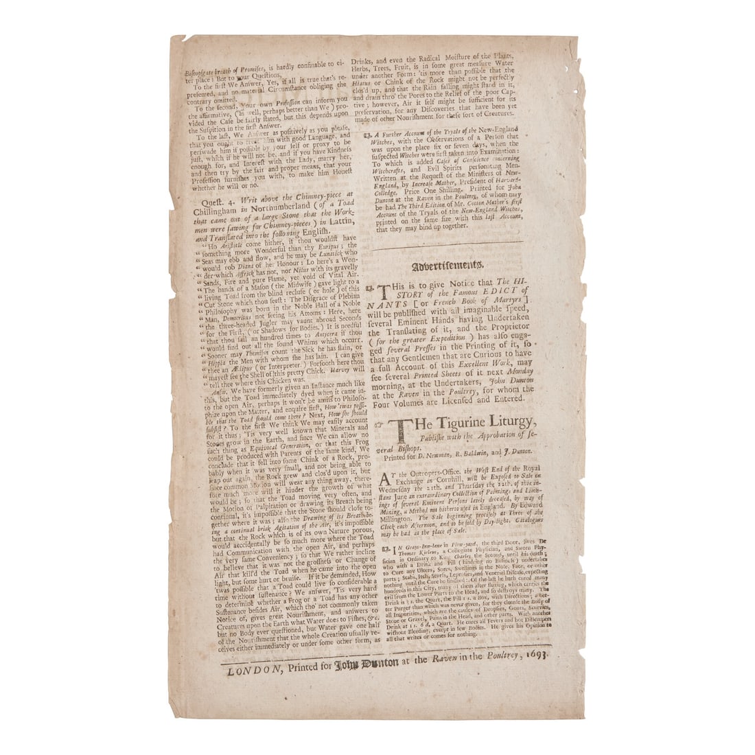 [Salem Witch Trials] Printed Ad for Increase Mather's "Tryals of the New-England Witches", in The (1 of 2)