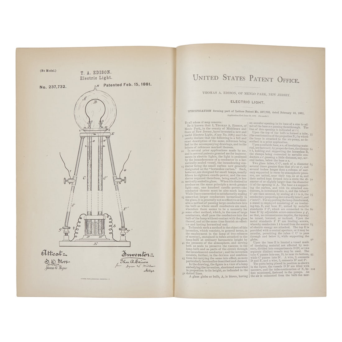 [Science & Technology] Thomas Edison's Laboratory Copy of a Patent for an Electric Light, 1881: [Science & Technology] Thomas Edison's Laboratory Copy of a Patent for an Electric Light, 1881 (Washington, D.C.: United States Patent Office), February 15, 1881. Printed patent for Thomas A. Edis