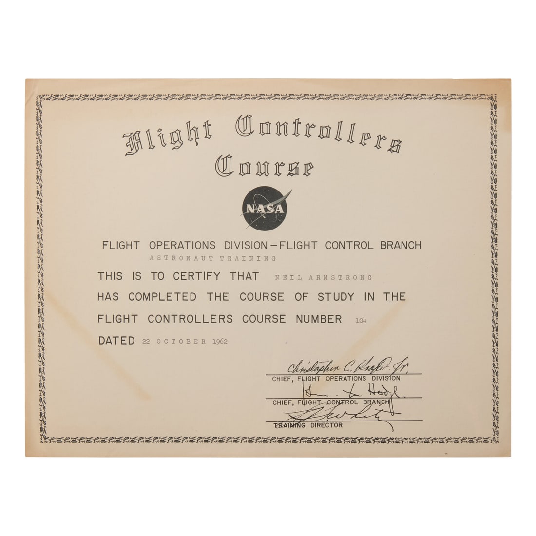 [Space] Neil Armstrong's 1962 Astronaut Training Certification in the Flight Controllers Course, (1 of 1)