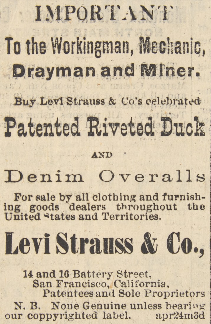 [Strauss, Levi]. The Birth of Iconic American Blue Jeans: The First Ad for Levi Strauss & Co. (1 of 2)