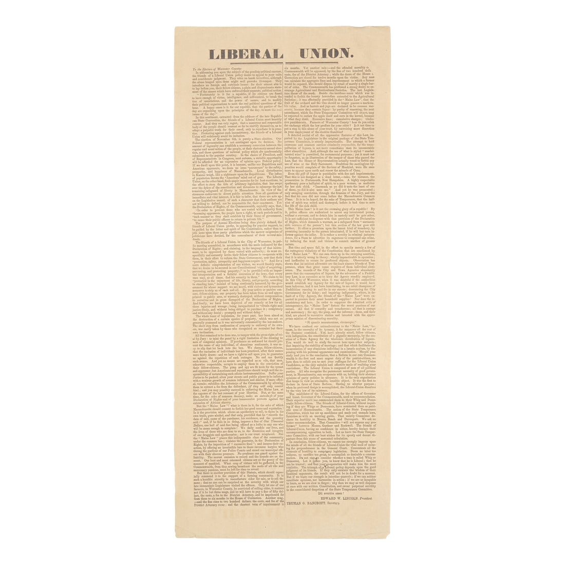 [Temperance] Rare Prohibition Broadside for the "Maine Law", the First Statewide Prohibition law in (1 of 1)