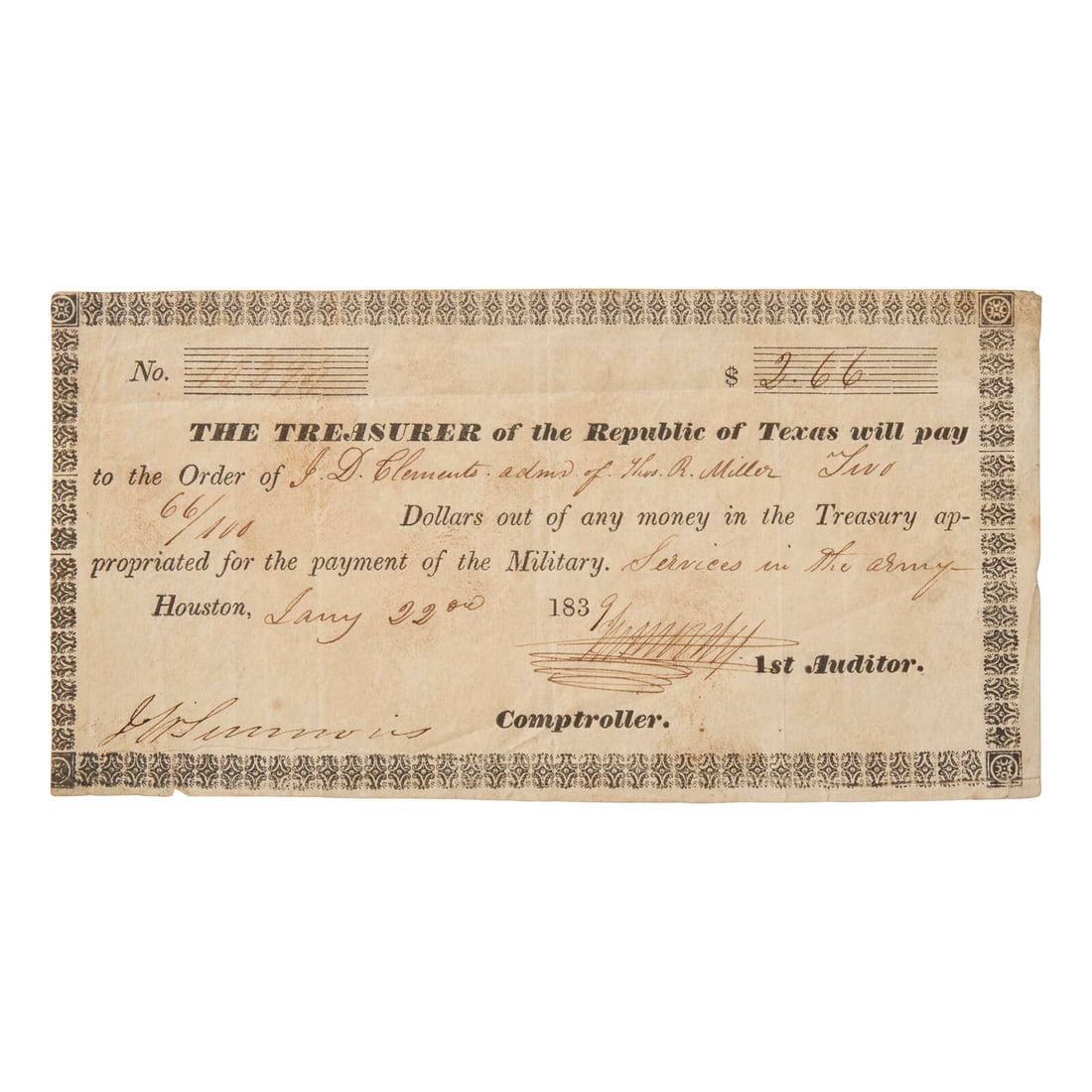 [Texiana] Partially-Printed Republic of Texas Payment Order Issued to one of the "Immortal 32" (1 of 1)