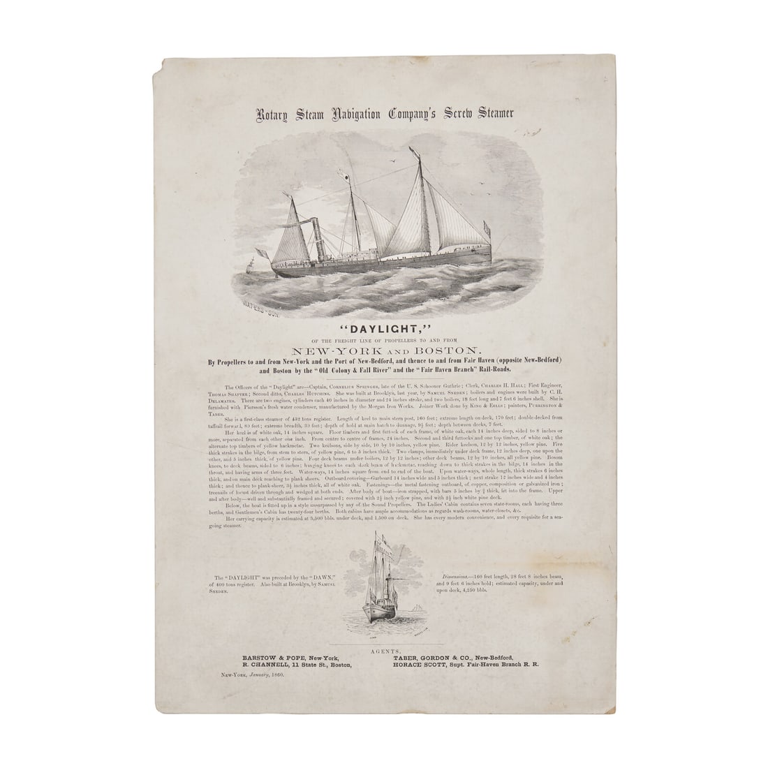 [Transportation] Circa 1860 Broadside Advertising the USS Daylight, a Freight Ship Operating Between (1 of 1)