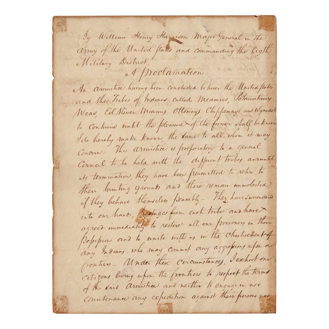 [War of 1812] Manuscript Copy of the Proclamation of Armistice, Issued by Future President William (1 of 2)